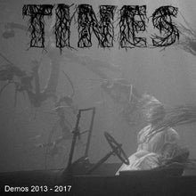 Load image into Gallery viewer, Black and white album cover featuring a person at a drum set with the band name 'Tines' stylized in a root-like design above.