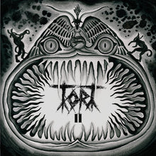 Cargar imagen en el visor de la galería, CD cover art featuring a black and white illustration of a bestial head with eyes and a tongue, with satanic and metal-themed motifs.