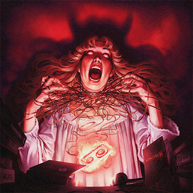 Artwork for the album 'Possessor' by Trippelganger featuring a person with long, flowing hair in a dark setting, with a blood-red vinyl record sleeve in the background.