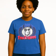Cargar imagen en el visor de la galería, Child wearing a blue t-shirt with a graphic design and text on a white background
