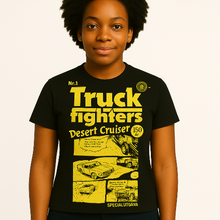 Load image into Gallery viewer, Person wearing a black t-shirt with yellow graphic design and text