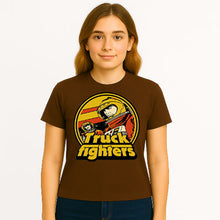 Load image into Gallery viewer, Person wearing a brown t-shirt with &#39;Truck Fighters&#39; graphic design on a white background