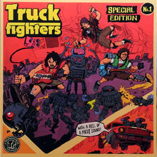Cargar imagen en el visor de la galería, Album cover for 'Truckfighters' with cartoon characters and robots on a red and purple background.