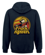 Load image into Gallery viewer, Black pullover hoodie with &#39;TRUCK FIGHTERS&#39; text and a graphic design featuring a stylized astronaut figure in a red and yellow circle.