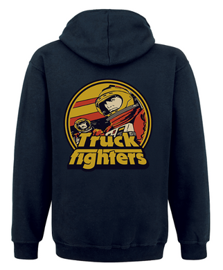 Black pullover hoodie with 'TRUCK FIGHTERS' text and a graphic design featuring a stylized astronaut figure in a red and yellow circle.
