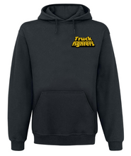 Load image into Gallery viewer, Black hoodie with &#39;Truck Fighters&#39; text in yellow on a white background
