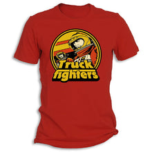 Load image into Gallery viewer, Red shirt with the text &#39;Truckfighters&#39; with a astronaut themed logo over a plain white background