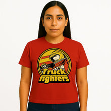 Load image into Gallery viewer, Person wearing a red t-shirt with &#39;Truck Fighters&#39; graphic design on a white background