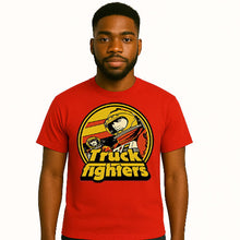 Load image into Gallery viewer, Man wearing a red t-shirt with &#39;Truck Fighters&#39; graphic design on a white background