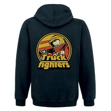 Cargar imagen en el visor de la galería, Black hoodie with 'Truck Fighters' graphic on the back against a white background