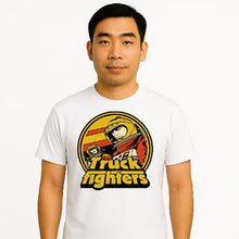 Load image into Gallery viewer, Man wearing a white t-shirt with &#39;Truck Fighters&#39; graphic design on a plain background