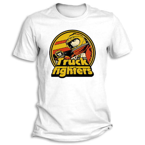 White T-shirt over a white background with the text ' Truckfighters' and a astronaut themed logo above the text