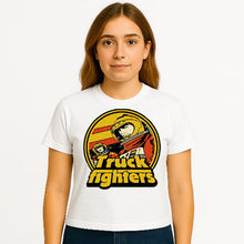 Load image into Gallery viewer, Person wearing a white t-shirt with a graphic design on a plain background