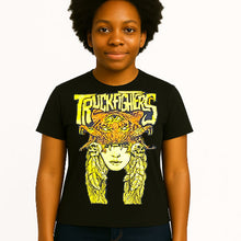 Charger l&#39;image dans la galerie, Person wearing a black t-shirt with a graphic design and text on a white background