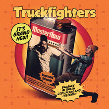 Cargar imagen en el visor de la galería, Album cover for 'Truckfighters' featuring a can of Masterflow oil with two people around it on an orange background.