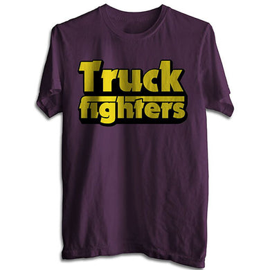 Purple t-shirt with yellow 'Truck fighters' text on a white background