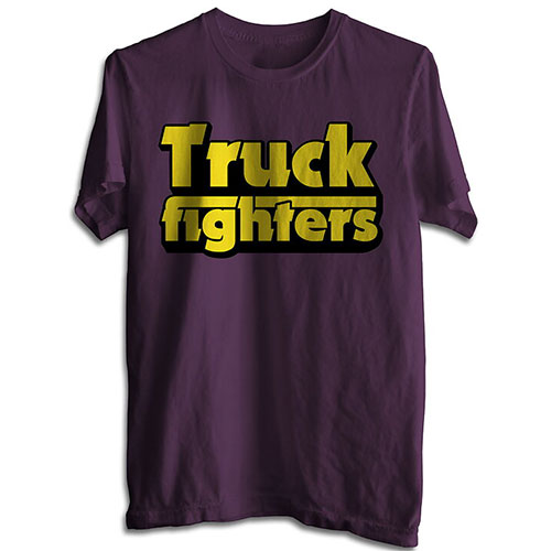 Purple t-shirt with yellow 'Truck fighters' text on a white background