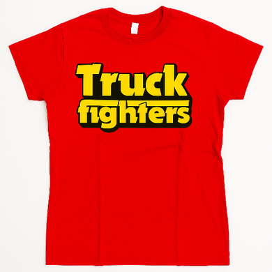 Red t-shirt with 'Truck fighters' text in yellow and black on a white background