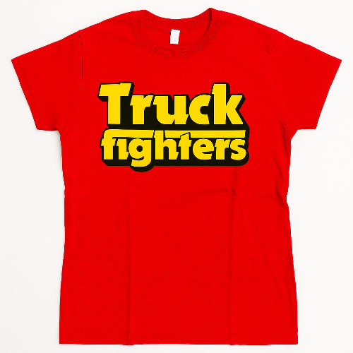 Red t-shirt with 'Truck fighters' text in yellow and black on a white background