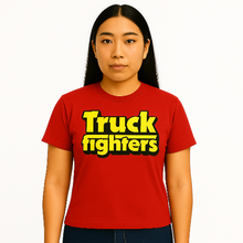 Cargar imagen en el visor de la galería, Person wearing a red t-shirt with &#39;Truck fighters&#39; text on a white background