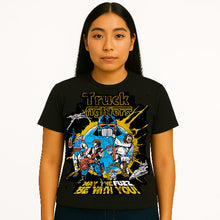 Cargar imagen en el visor de la galería, Person wearing a black t-shirt with &#39;Truckfighters&#39; graphic design