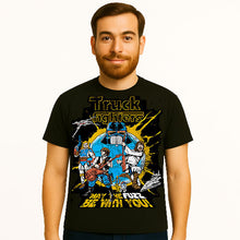 Cargar imagen en el visor de la galería, Man wearing a black t-shirt with &#39;Truckfighters&#39; graphic design