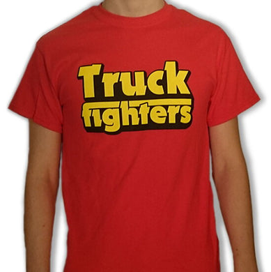 A person wearing a red t-shirt with the text 'TRUCK FIGHTERS' printed in yellow.