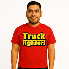 Cargar imagen en el visor de la galería, Man wearing a red t-shirt with &#39;Truck fighters&#39; text on a white background