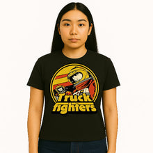 Cargar imagen en el visor de la galería, Person wearing a black t-shirt with 'Truck Fighters' graphic design