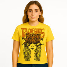 Load image into Gallery viewer, Person wearing a yellow t-shirt with a graphic design and text on a white background