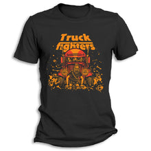 Load image into Gallery viewer, Black t-shirt with &#39;Truck Fighters&#39; graphic design featuring a truck and bear in orange on a white background.