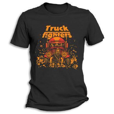 Black t-shirt with 'Truck Fighters' graphic design featuring a truck and bear in orange on a white background.