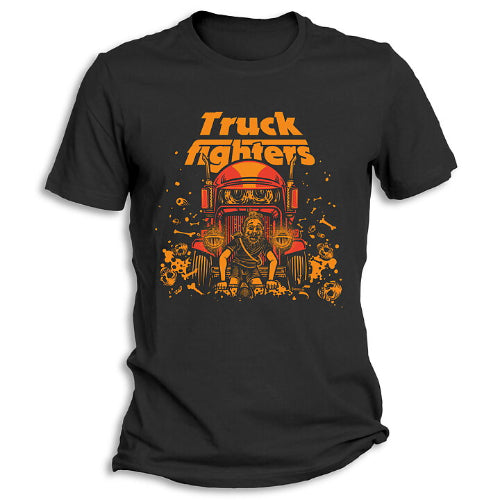 Black t-shirt with 'Truck Fighters' graphic design featuring a truck and bear in orange on a white background.