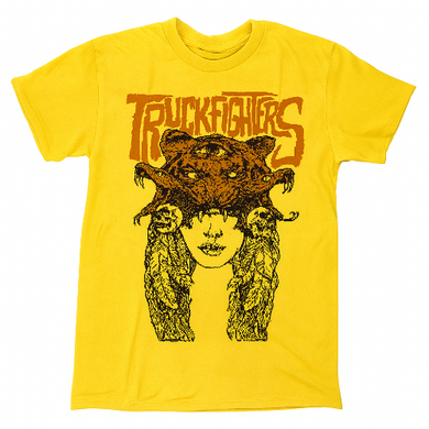 Yellow t-shirt with graphic design and 'Truckfighters' text on a white background