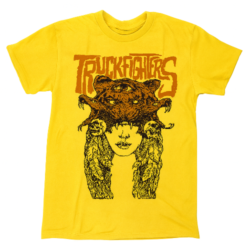 Yellow t-shirt with graphic design and 'Truckfighters' text on a white background