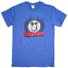 Cargar imagen en el visor de la galería, Blue t-shirt with graphic design and &#39;Truckfighters&#39; text on a white background