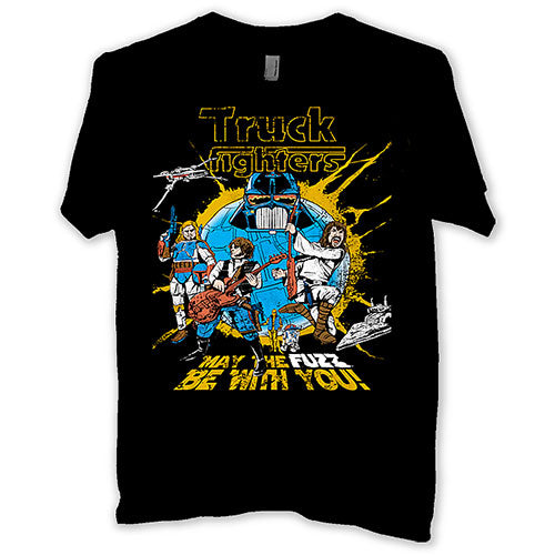 A black T-shirt with a graphic design featuring members of a Swedish rock band, Truckfighters, in a playful Star Wars-themed setting.
