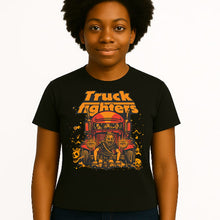 Load image into Gallery viewer, Person wearing a black t-shirt with &#39;Truck Fighters&#39; graphic design