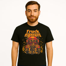 Load image into Gallery viewer, Man wearing a black t-shirt with &#39;Truck Fighters&#39; graphic design on a white background