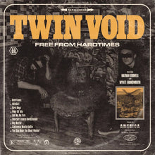 Load image into Gallery viewer, The cover art for the Twin Void album 'Free From Hardtimes' features a black and white photograph of a person sitting in a chair with a guitar, with album details and band branding overlay.