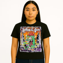 Cargar imagen en el visor de la galería, Person wearing a black t-shirt with colorful graphic design and text on a white background