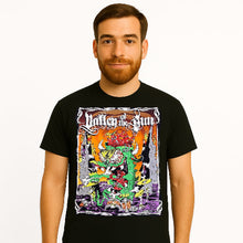 Cargar imagen en el visor de la galería, Man wearing a black t-shirt with colorful graphic design on a white background