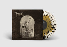 Cargar imagen en el visor de la galería, Vinyl record with black and gold splatter design and cover featuring an engraved illustration on a light gray background.