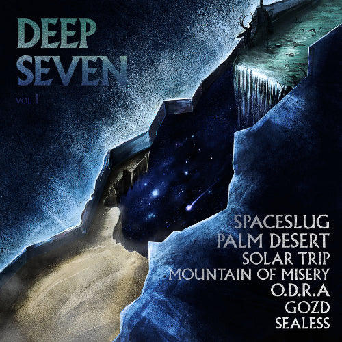 Album cover for 'Deep Seven vol. 1' with a space-themed design featuring a mountain and celestial elements.