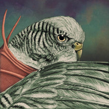 Cargar imagen en el visor de la galería, Artistic rendering of a parrot with a striped pattern, predominantly gray and white, displayed in a blurred background.