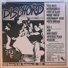 Cargar imagen en el visor de la galería, Hardcore punk album cover for 'DISCHORD' on a shrink-wrapped vinyl record. The cover features a black-and-white graphic collage with the band name 'DISCHORD' in large distressed lettering at the top, a central illustration of figures, and a list of song titles on the right side including 'TEEN IDLES', 'UNTOUCHABLES', and 'STATE OF ALERT'.