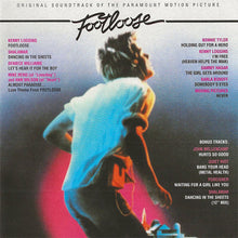 Load image into Gallery viewer, Album cover for 'Footloose' soundtrack with a person in a blue shirt and red shorts, featuring song titles and artists.