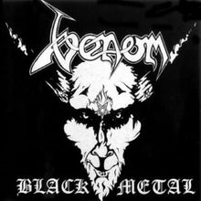 Load image into Gallery viewer, Black and white album cover art for Venom's 'Black Metal' featuring a stylized illustration of a growling face with the band name and album title.