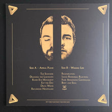 Load image into Gallery viewer, Album cover with split face design and track listing on a black background
