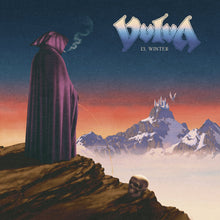 Charger l'image dans la galerie, Album cover with a figure in a cloak, skull, and mountain landscape, featuring the band 'Vulva'.